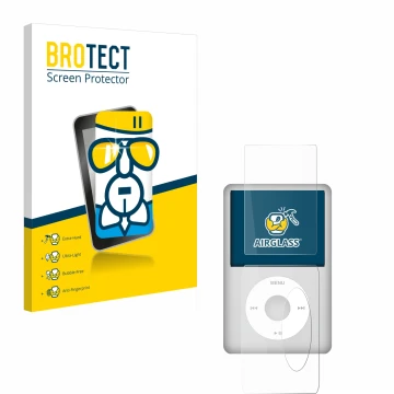 Vorderseite einer Produktverpackung mit dem Markenlogo BROTECT. Daneben ist das Gerät Apple iPod Classic (Display+Rückseite, 5
