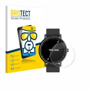 Vorderseite einer Produktverpackung mit dem Markenlogo BROTECT. Daneben ist das Gerät Armbanduhren (Kreisrund, ø: 19 mm) mit d