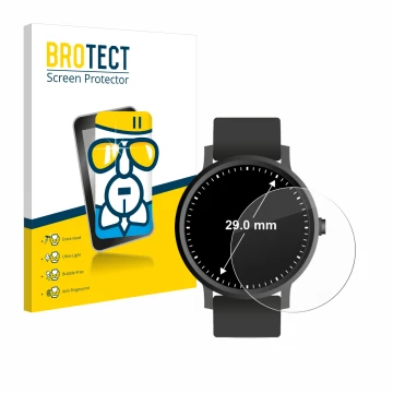 Vorderseite einer Produktverpackung mit dem Markenlogo BROTECT. Daneben ist das Gerät Armbanduhren (Kreisrund, ø: 29 mm) mit d