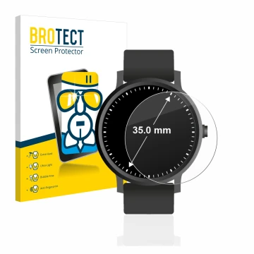 Vorderseite einer Produktverpackung mit dem Markenlogo BROTECT. Daneben ist das Gerät Armbanduhren (Kreisrund, ø: 35 mm) mit d