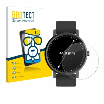 Vorderseite einer Produktverpackung mit dem Markenlogo BROTECT. Daneben ist das Gerät Armbanduhren (Kreisrund, ø: 41 mm) mit d