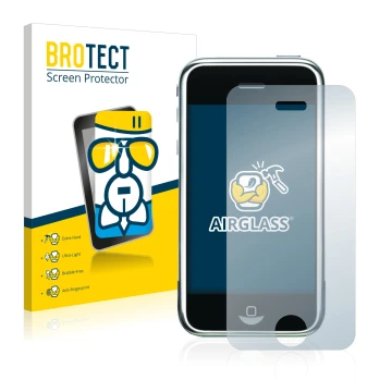 Vorderseite einer Produktverpackung mit dem Markenlogo BROTECT. Daneben ist das Gerät Apple iPhone 2G mit dem zugehörigen Disp