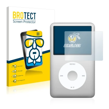 Vorderseite einer Produktverpackung mit dem Markenlogo BROTECT. Daneben ist das Gerät Apple iPod Classic (6. Gen.) mit dem zug