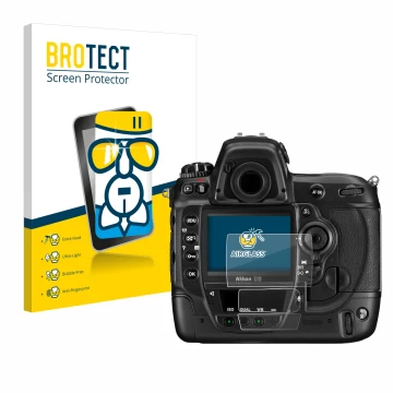 Vorderseite einer Produktverpackung mit dem Markenlogo BROTECT. Daneben ist das Gerät Nikon D3 mit dem zugehörigen Displayschu