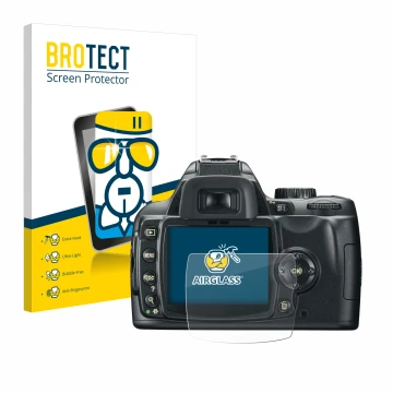 Vorderseite einer Produktverpackung mit dem Markenlogo BROTECT. Daneben ist das Gerät Nikon D60 mit dem zugehörigen Displaysch