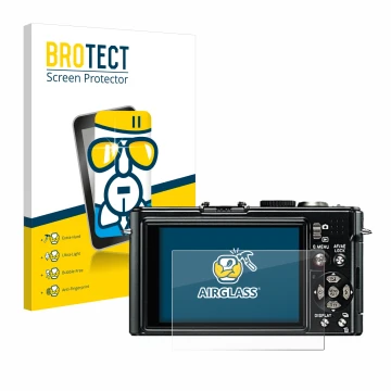 Vorderseite einer Produktverpackung mit dem Markenlogo BROTECT. Daneben ist das Gerät Leica D-Lux 4 mit dem zugehörigen Displa