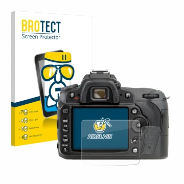 Vorderseite einer Produktverpackung mit dem Markenlogo BROTECT. Daneben ist das Gerät Nikon D90 mit dem zugehörigen Displaysch