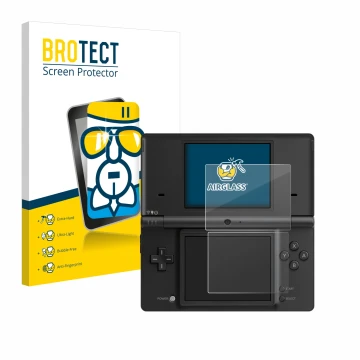 Vorderseite einer Produktverpackung mit dem Markenlogo BROTECT. Daneben ist das Gerät Nintendo DSi mit dem zugehörigen Display