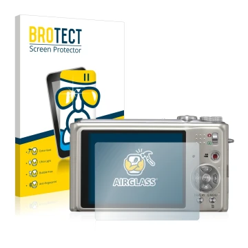 Vorderseite einer Produktverpackung mit dem Markenlogo BROTECT. Daneben ist das Gerät Panasonic Lumix DMC-TZ7 mit dem zugehöri