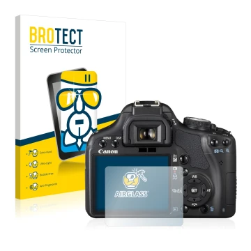 Vorderseite einer Produktverpackung mit dem Markenlogo BROTECT. Daneben ist das Gerät Canon EOS 500D mit dem zugehörigen Displ