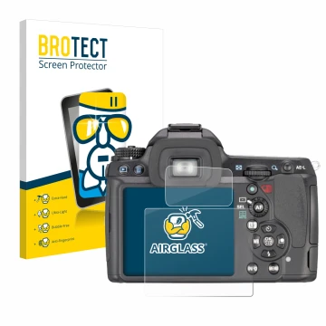 Vorderseite einer Produktverpackung mit dem Markenlogo BROTECT. Daneben ist das Gerät Pentax K7, K-7 mit dem zugehörigen Displ