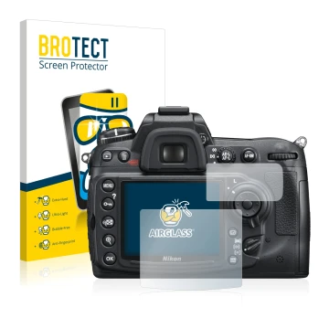 Vorderseite einer Produktverpackung mit dem Markenlogo BROTECT. Daneben ist das Gerät Nikon D300S mit dem zugehörigen Displays