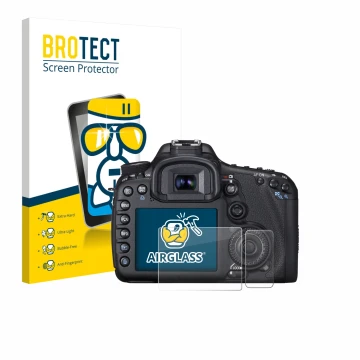 Vorderseite einer Produktverpackung mit dem Markenlogo BROTECT. Daneben ist das Gerät Canon EOS 7D mit dem zugehörigen Display