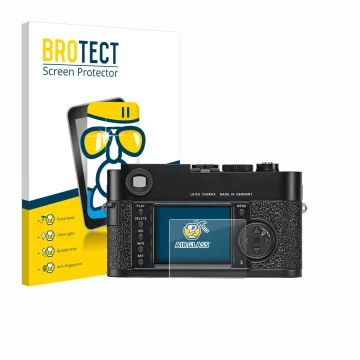 Vorderseite einer Produktverpackung mit dem Markenlogo BROTECT. Daneben ist das Gerät Leica M9 mit dem zugehörigen Displayschu