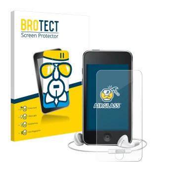 Vorderseite einer Produktverpackung mit dem Markenlogo BROTECT. Daneben ist das Gerät Apple iPod Touch (3. Gen.) mit dem zugeh