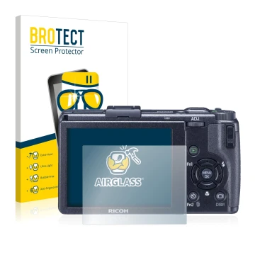 Vorderseite einer Produktverpackung mit dem Markenlogo BROTECT. Daneben ist das Gerät Ricoh GR Digital III (2009-2011) mit dem