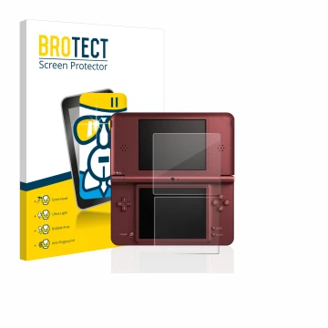 Vorderseite einer Produktverpackung mit dem Markenlogo BROTECT. Daneben ist das Gerät Nintendo DSi XL mit dem zugehörigen Disp