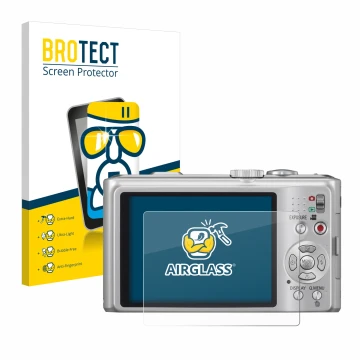 Vorderseite einer Produktverpackung mit dem Markenlogo BROTECT. Daneben ist das Gerät Panasonic Lumix DMC-TZ10 mit dem zugehör