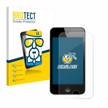 Vorderseite einer Produktverpackung mit dem Markenlogo BROTECT. Daneben ist das Gerät Apple iPod Touch (4. Gen.) mit dem zugeh