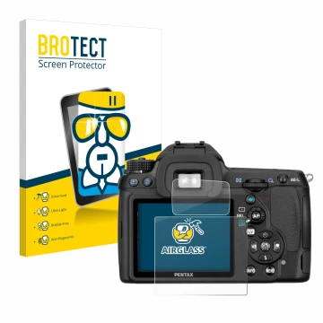 Vorderseite einer Produktverpackung mit dem Markenlogo BROTECT. Daneben ist das Gerät Pentax K5, K-5 mit dem zugehörigen Displ