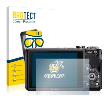 Vorderseite einer Produktverpackung mit dem Markenlogo BROTECT. Daneben ist das Gerät Sony Cyber-Shot DSC-HX9V mit dem zugehör