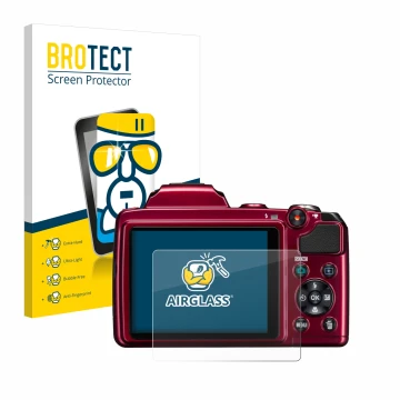 Vorderseite einer Produktverpackung mit dem Markenlogo BROTECT. Daneben ist das Gerät Nikon Coolpix L120 mit dem zugehörigen D