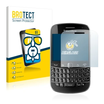 Vorderseite einer Produktverpackung mit dem Markenlogo BROTECT. Daneben ist das Gerät RIM BlackBerry Bold Touch 9900 mit dem z