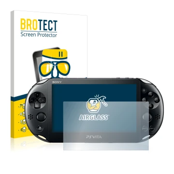 Vorderseite einer Produktverpackung mit dem Markenlogo BROTECT. Daneben ist das Gerät Sony Playstation Vita mit dem zugehörige