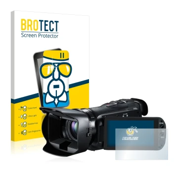 Vorderseite einer Produktverpackung mit dem Markenlogo BROTECT. Daneben ist das Gerät Canon Legria HF G10 mit dem zugehörigen 