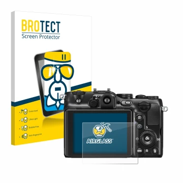 Vorderseite einer Produktverpackung mit dem Markenlogo BROTECT. Daneben ist das Gerät Nikon Coolpix P7100 mit dem zugehörigen 
