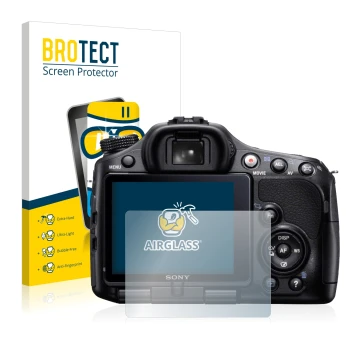 Vorderseite einer Produktverpackung mit dem Markenlogo BROTECT. Daneben ist das Gerät Sony Alpha 65V (SLT-A65V) mit dem zugehö