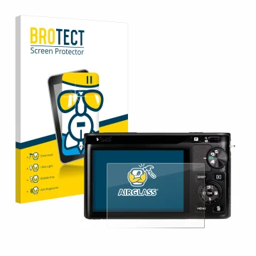 Vorderseite einer Produktverpackung mit dem Markenlogo BROTECT. Daneben ist das Gerät Nikon 1 J1 mit dem zugehörigen Displaysc