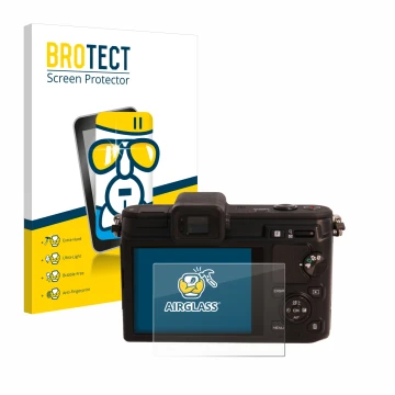 Vorderseite einer Produktverpackung mit dem Markenlogo BROTECT. Daneben ist das Gerät Nikon 1 V1 mit dem zugehörigen Displaysc