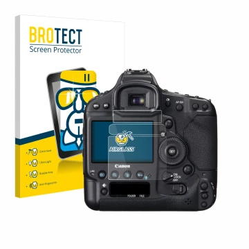 Vorderseite einer Produktverpackung mit dem Markenlogo BROTECT. Daneben ist das Gerät Canon EOS 1D X mit dem zugehörigen Displ