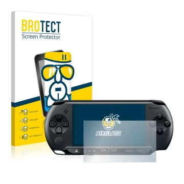 Vorderseite einer Produktverpackung mit dem Markenlogo BROTECT. Daneben ist das Gerät Sony PSP Street E1004 mit dem zugehörige