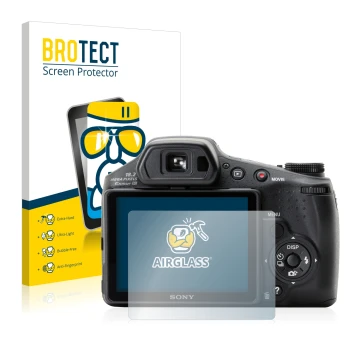 Vorderseite einer Produktverpackung mit dem Markenlogo BROTECT. Daneben ist das Gerät Sony Cyber-Shot DSC-HX200V mit dem zugeh