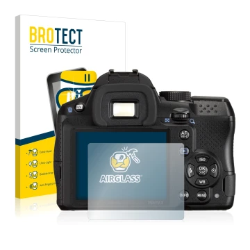 Vorderseite einer Produktverpackung mit dem Markenlogo BROTECT. Daneben ist das Gerät Pentax K-30 mit dem zugehörigen Displays