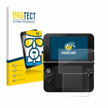 Vorderseite einer Produktverpackung mit dem Markenlogo BROTECT. Daneben ist das Gerät Nintendo 3DS XL SPM7800 mit dem zugehöri