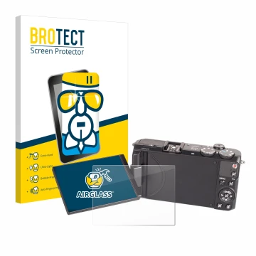 Vorderseite einer Produktverpackung mit dem Markenlogo BROTECT. Daneben ist das Gerät Samsung EX2F mit dem zugehörigen Display