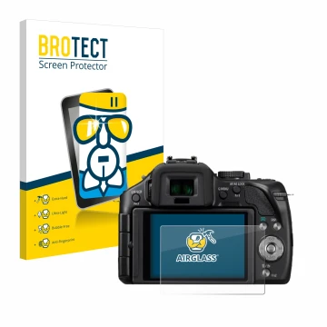 Vorderseite einer Produktverpackung mit dem Markenlogo BROTECT. Daneben ist das Gerät Panasonic Lumix DMC-G5 mit dem zugehörig