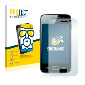 Vorderseite einer Produktverpackung mit dem Markenlogo BROTECT. Daneben ist das Gerät Samsung Galaxy Ace S5830i mit dem zugehö