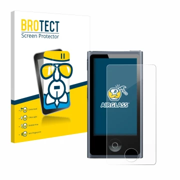 Vorderseite einer Produktverpackung mit dem Markenlogo BROTECT. Daneben ist das Gerät Apple iPod nano 2012 (7. Gen.) mit dem z