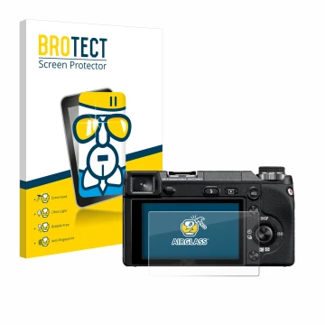 Vorderseite einer Produktverpackung mit dem Markenlogo BROTECT. Daneben ist das Gerät Sony Alpha NEX-6 mit dem zugehörigen Dis