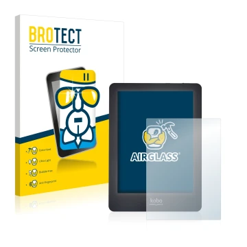 Vorderseite einer Produktverpackung mit dem Markenlogo BROTECT. Daneben ist das Gerät Kobo Glo mit dem zugehörigen Displayschu