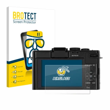 Vorderseite einer Produktverpackung mit dem Markenlogo BROTECT. Daneben ist das Gerät Leica D-Lux 6 mit dem zugehörigen Displa