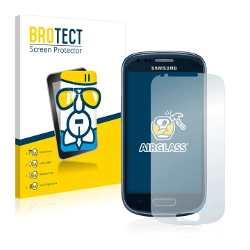 Vorderseite einer Produktverpackung mit dem Markenlogo BROTECT. Daneben ist das Gerät Samsung Galaxy S3 Mini I8190 mit dem zug