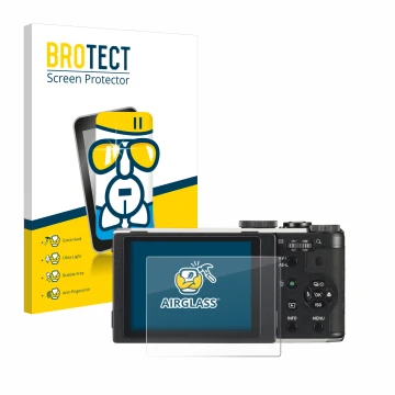 Vorderseite einer Produktverpackung mit dem Markenlogo BROTECT. Daneben ist das Gerät Pentax MX-1 mit dem zugehörigen Displays