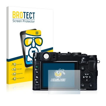 Vorderseite einer Produktverpackung mit dem Markenlogo BROTECT. Daneben ist das Gerät Fujifilm X20 mit dem zugehörigen Display