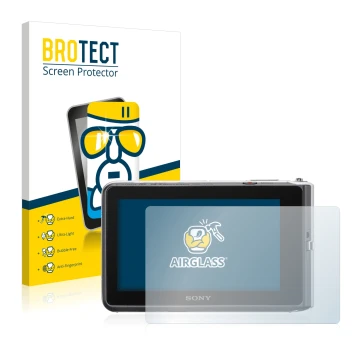 Vorderseite einer Produktverpackung mit dem Markenlogo BROTECT. Daneben ist das Gerät Sony Cyber-Shot DSC-TX30 mit dem zugehör