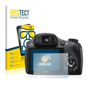 Vorderseite einer Produktverpackung mit dem Markenlogo BROTECT. Daneben ist das Gerät Sony Cyber-Shot DSC-HX300 mit dem zugehö